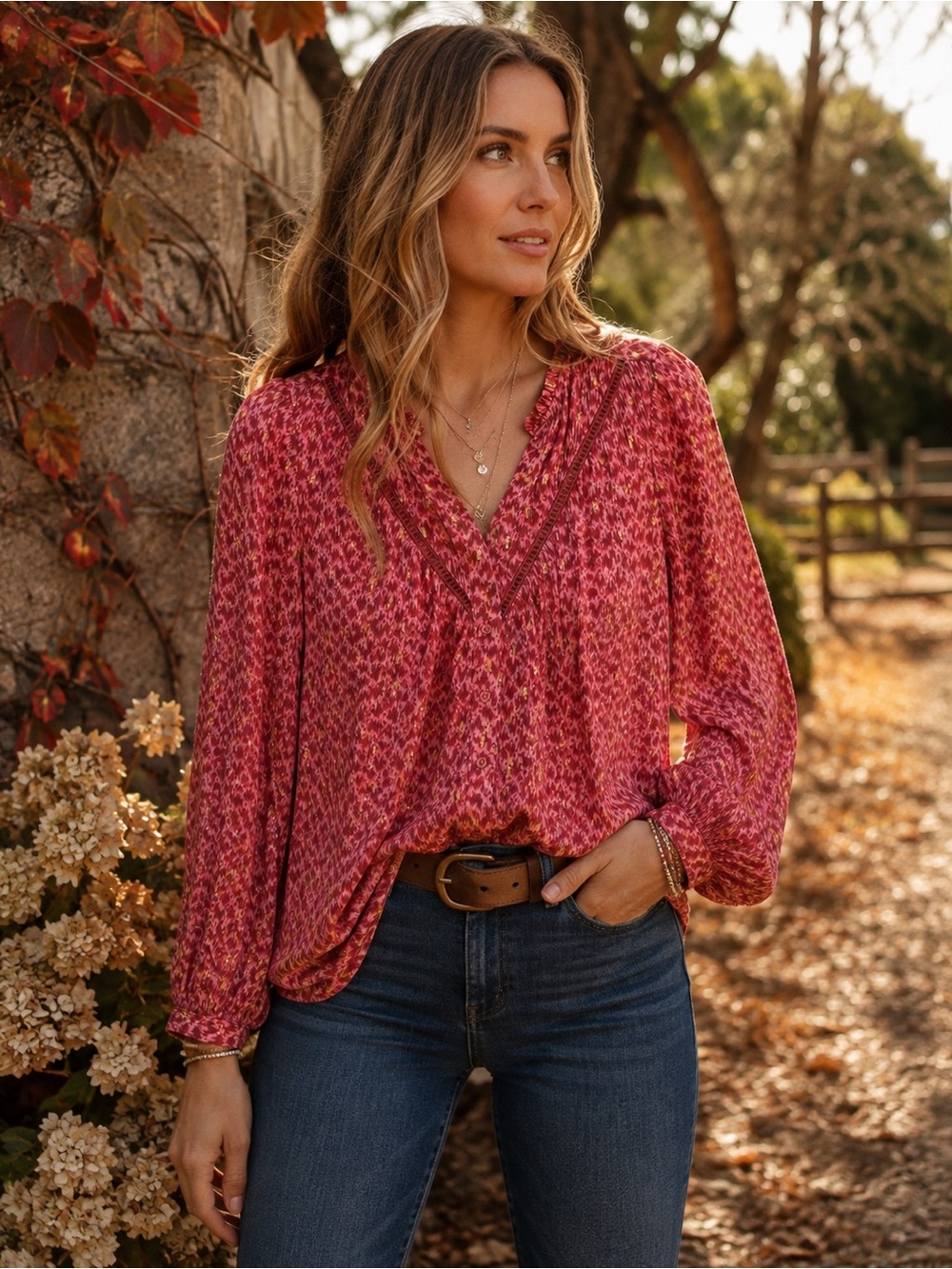 Paige XS Pink Metallic Print Ruffle Split Neck Boho Blouse